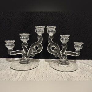 Fostoria Century Crystal Pair of Tripple-Light Candle Vintage